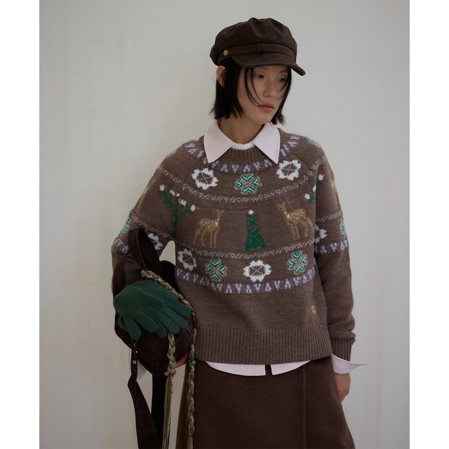 レディースカジュアルファッション 鹿と雪の結晶柄ノルディック柄ニットセーター