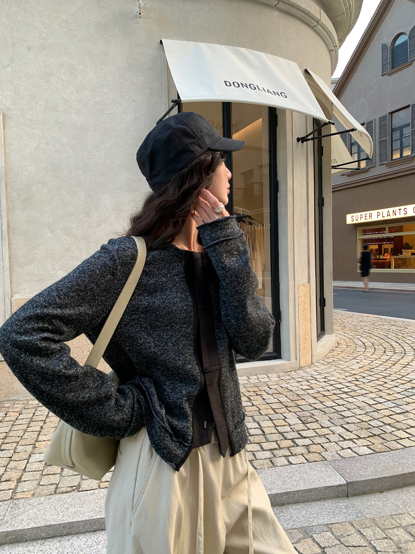 レディースカジュアルファッション ミックスツイード調ノーカラージップアップジャケット