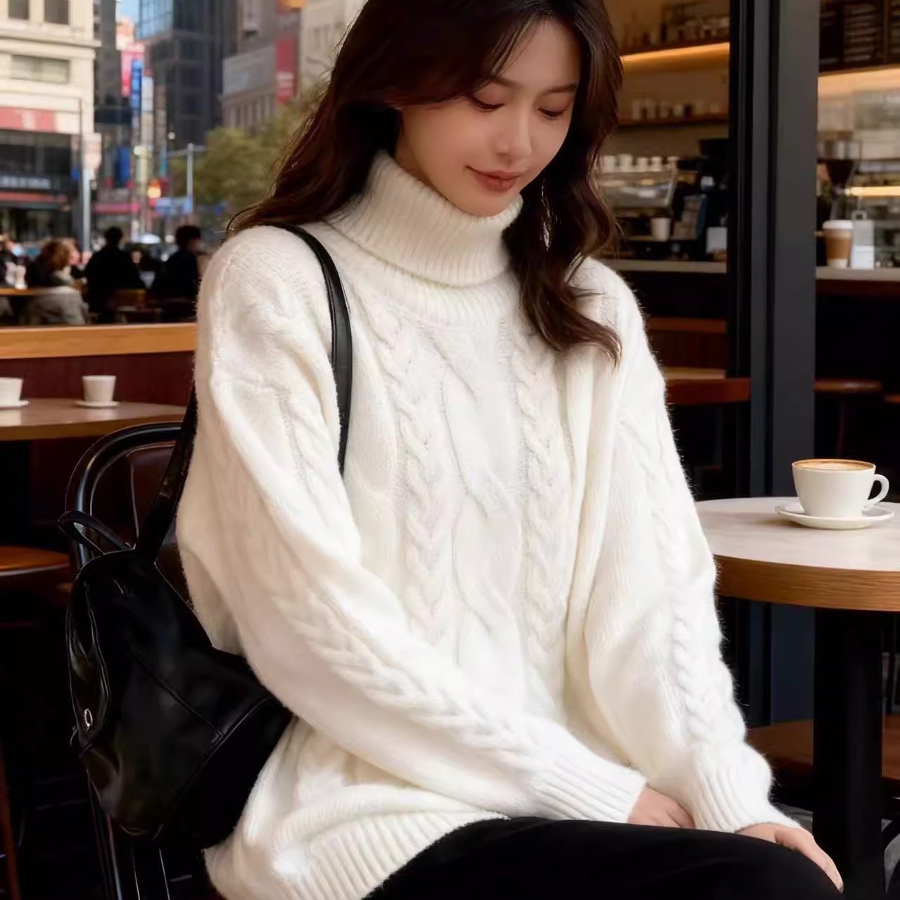 【レディースカジュアルファッション】ケーブル編みハイネックニット｜ゆるシルエットで叶える上品で暖かな冬のクラシックスタイル