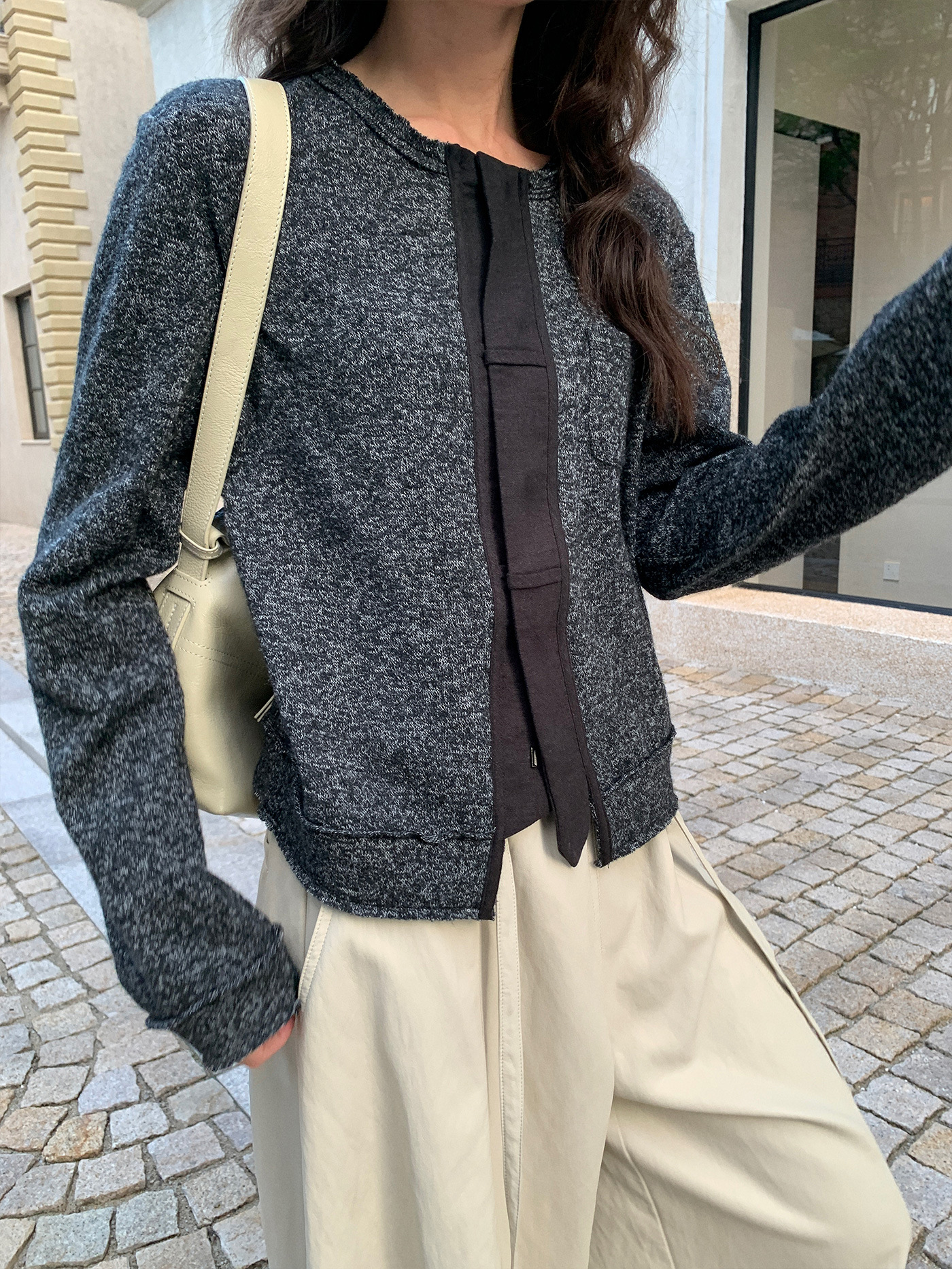 レディースカジュアルファッション ミックスツイード調ノーカラージップアップジャケット