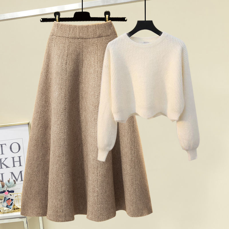 【レディースカジュアルファッション】上品ニット×上質ウール調スカート｜細見え“美シルエット”秋冬2点セットアップ
