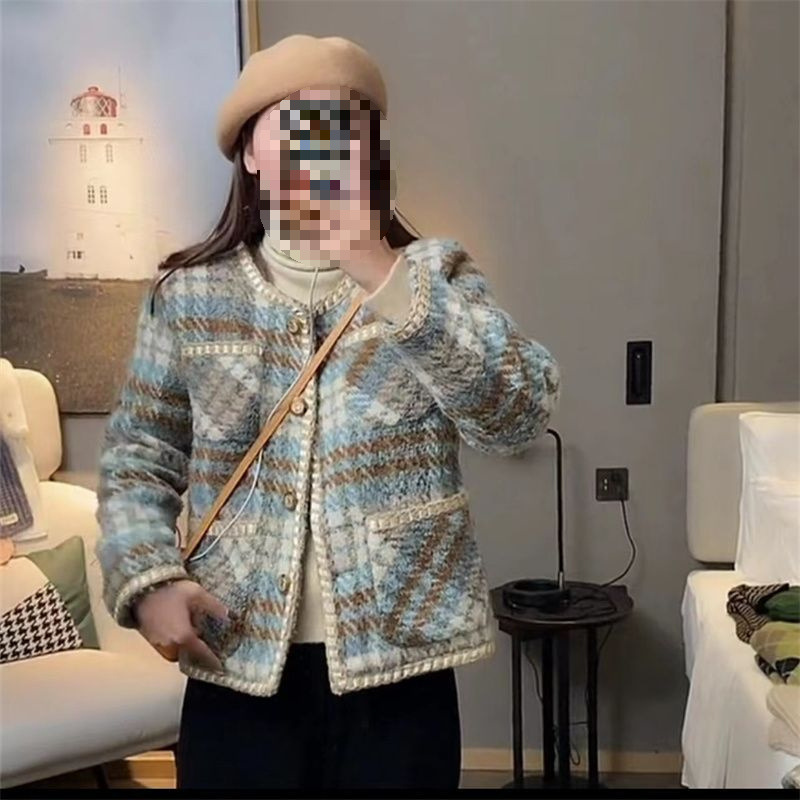 レディースカジュアルファッション ノーカラーツイードジャケット裏起毛仕様