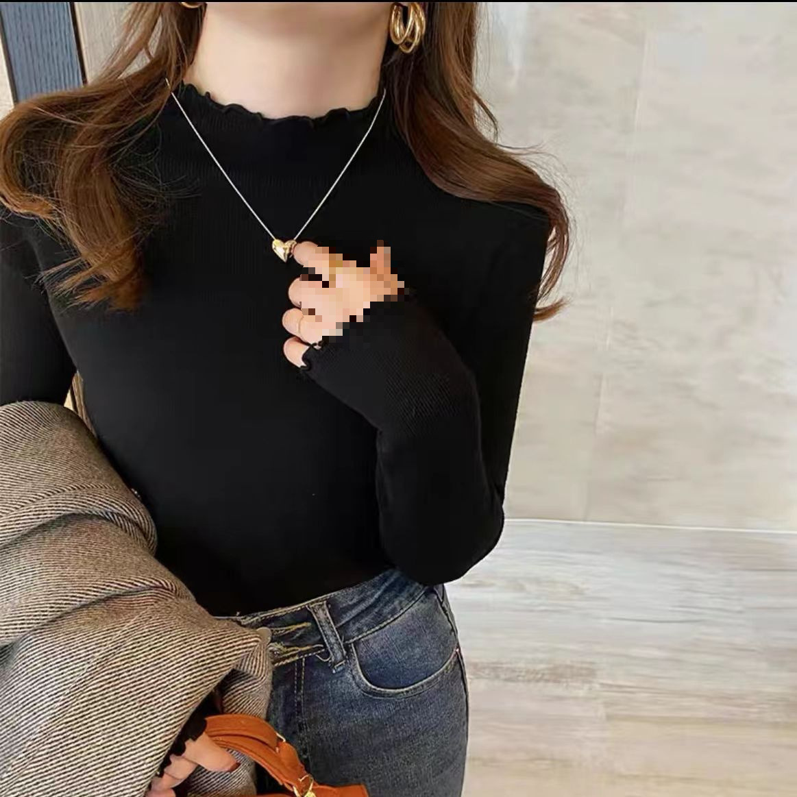 レディースカジュアルファッション メロウフリル襟リブニット長袖トップス