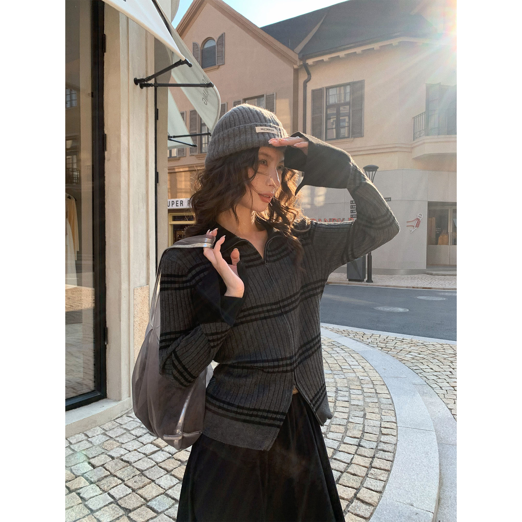 レディースカジュアルファッション 襟付きボーダーリブニット長袖プルオーバー