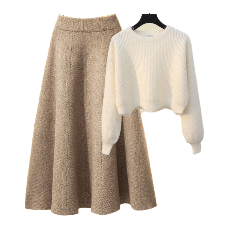 【レディースカジュアルファッション】上品ニット×上質ウール調スカート｜細見え“美シルエット”秋冬2点セットアップ