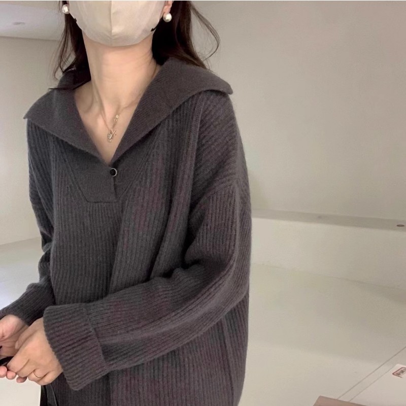 【レディースカジュアルファッション】Vネックゆったりリブニット｜上品で柔らかい米白カラーの春秋定番トップス