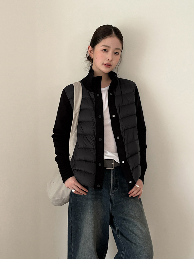 レディースカジュアルファッション ニット切替中綿入りハイネックショートジャケット