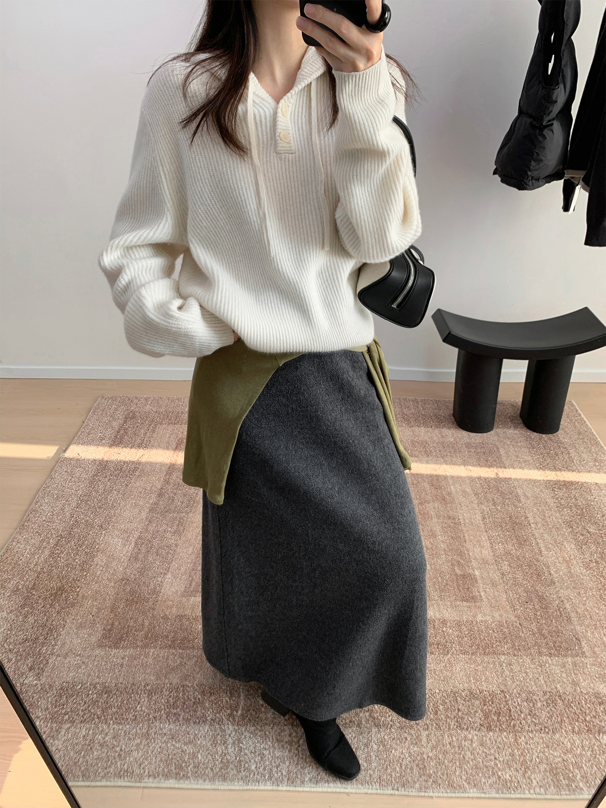 レディースカジュアルファッション 襟付きボタンデザインリブニットプルオーバー
