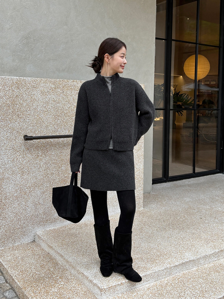 レディースカジュアルファッション リブ編みニットカーディガン台形ミニスカートセットアップ