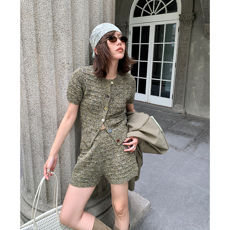 レディースカジュアルファッション ツイード風ニット半袖ジャケットとショートパンツセット