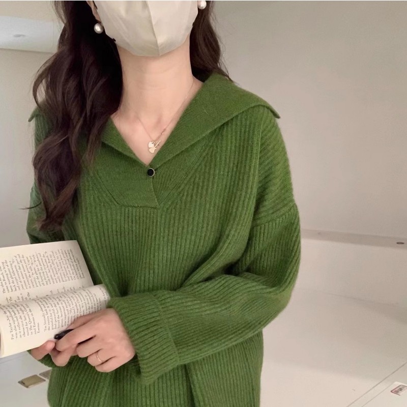 【レディースカジュアルファッション】Vネックゆったりリブニット｜上品で柔らかい米白カラーの春秋定番トップス