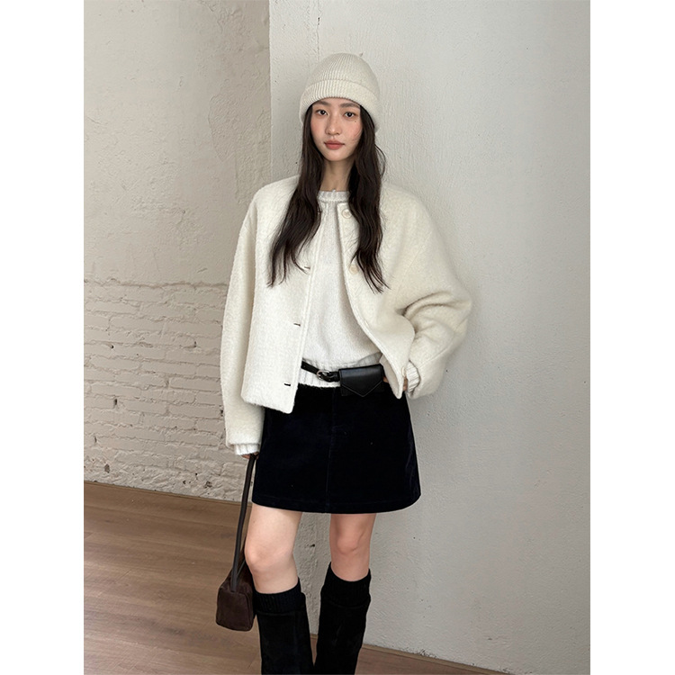 レディースカジュアルファッション 丸首ノーカラーボアショートジャケット