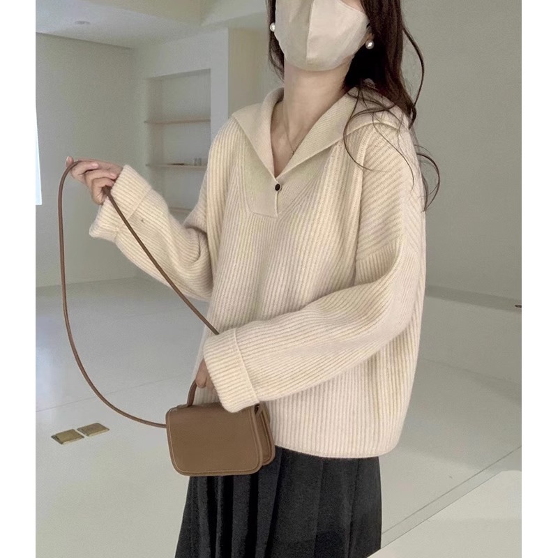 【レディースカジュアルファッション】Vネックゆったりリブニット｜上品で柔らかい米白カラーの春秋定番トップス