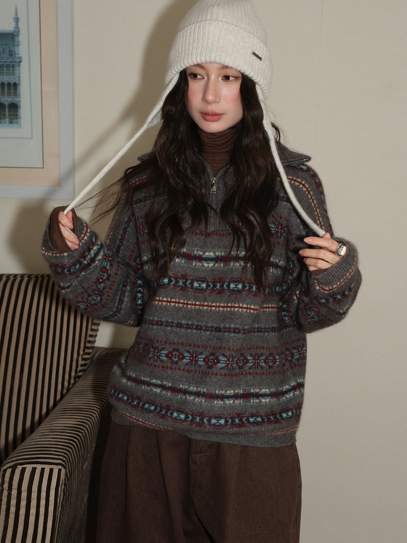 レディースカジュアルファッション 民族柄ジャガード編みフードニットセーター