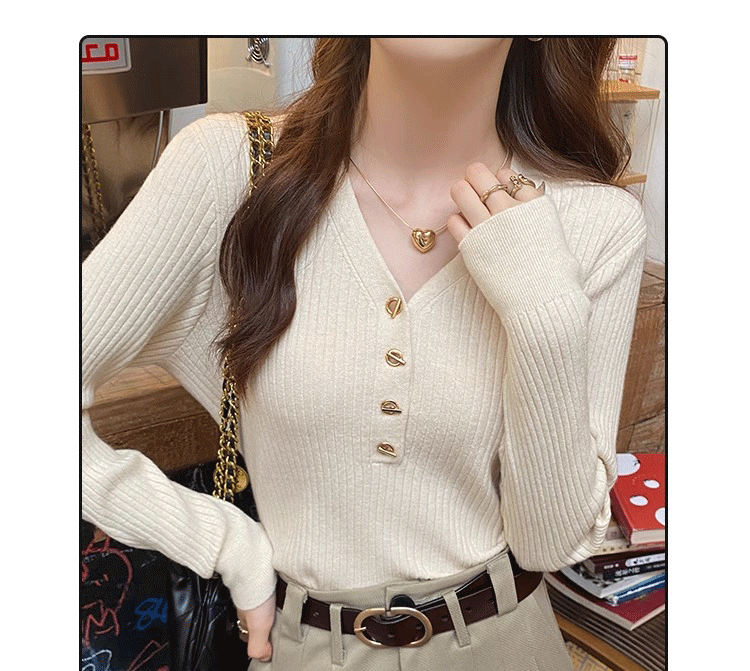 【レディースカジュアルファッション】Vネックリブニットトップス｜ボタンデザインが上品なスリムシルエットの秋冬インナー