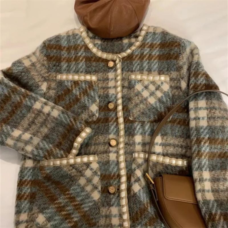 レディースカジュアルファッション ノーカラーツイードジャケット裏起毛仕様