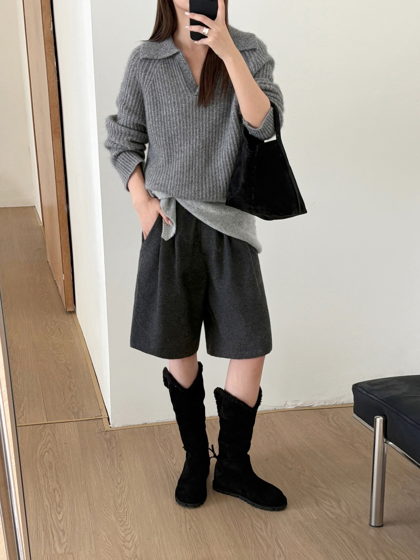 レディースカジュアルファッション 襟付きリブ編みゆったりニットセーター