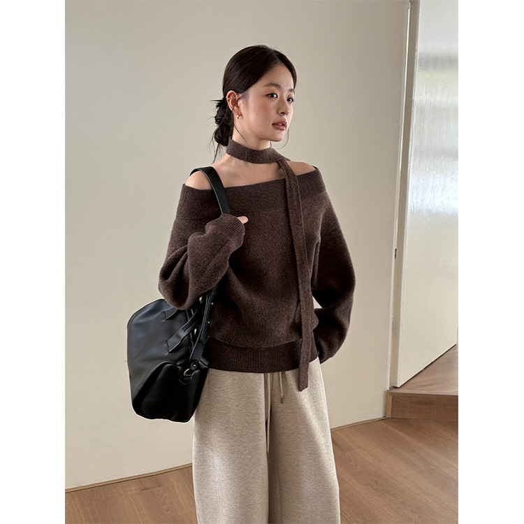 レディースカジュアルファッション 取り外し可能チョーカー付きオフショルダーニット