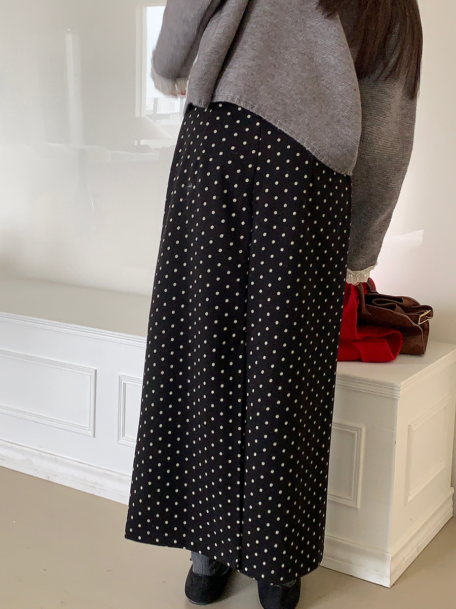 【レディースカジュアルファッション】ドット柄ミディ丈スカート / ハイウエスト ロングスカート