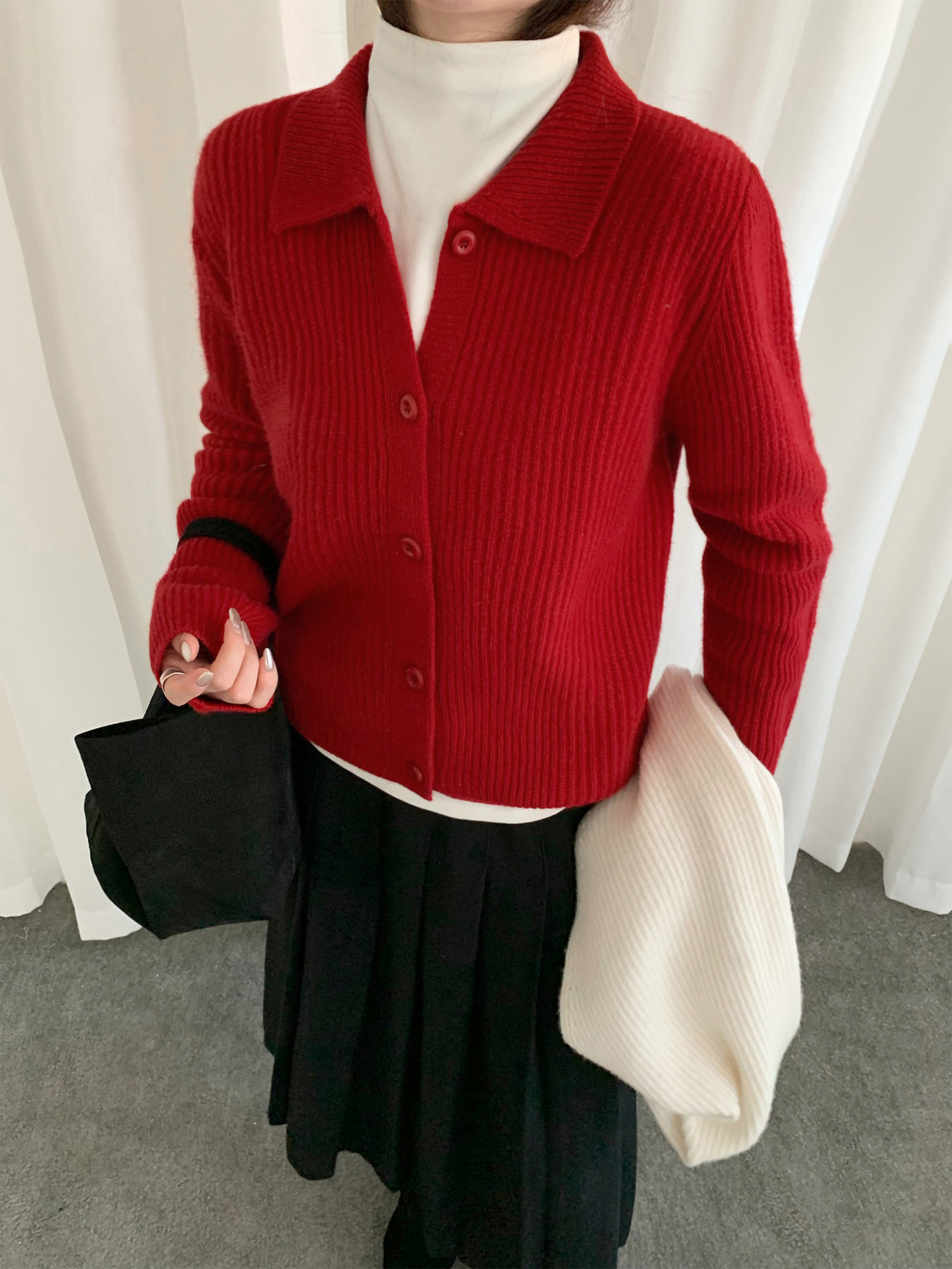 レディースカジュアルファッション 襟付きリブ編みニットカーディガン