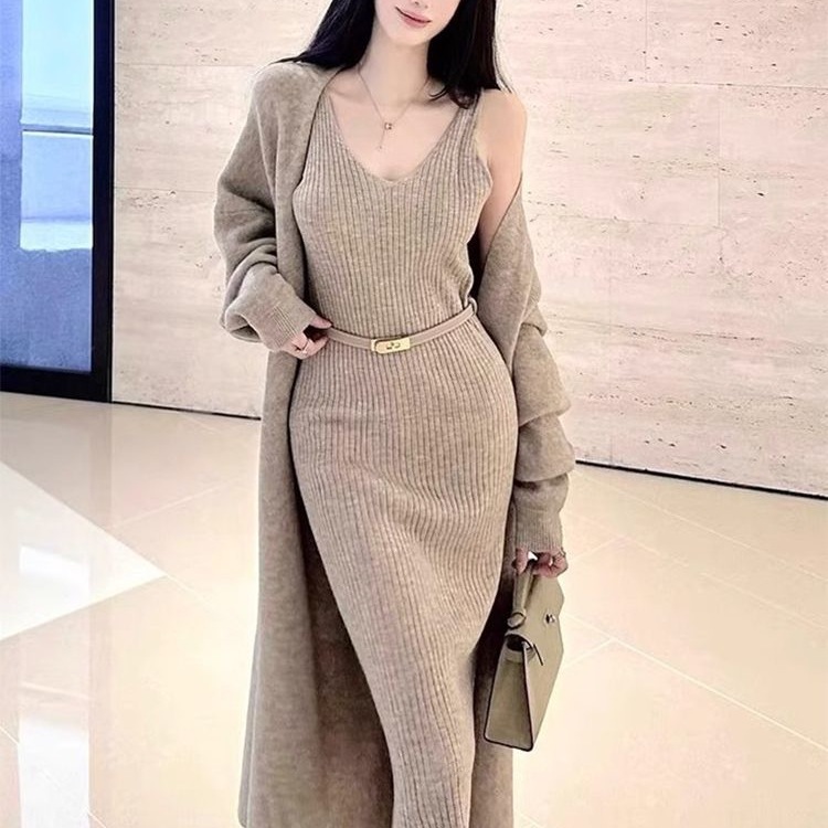 レディースカジュアルファッション リブニットベルト付きノースリーブロングワンピース