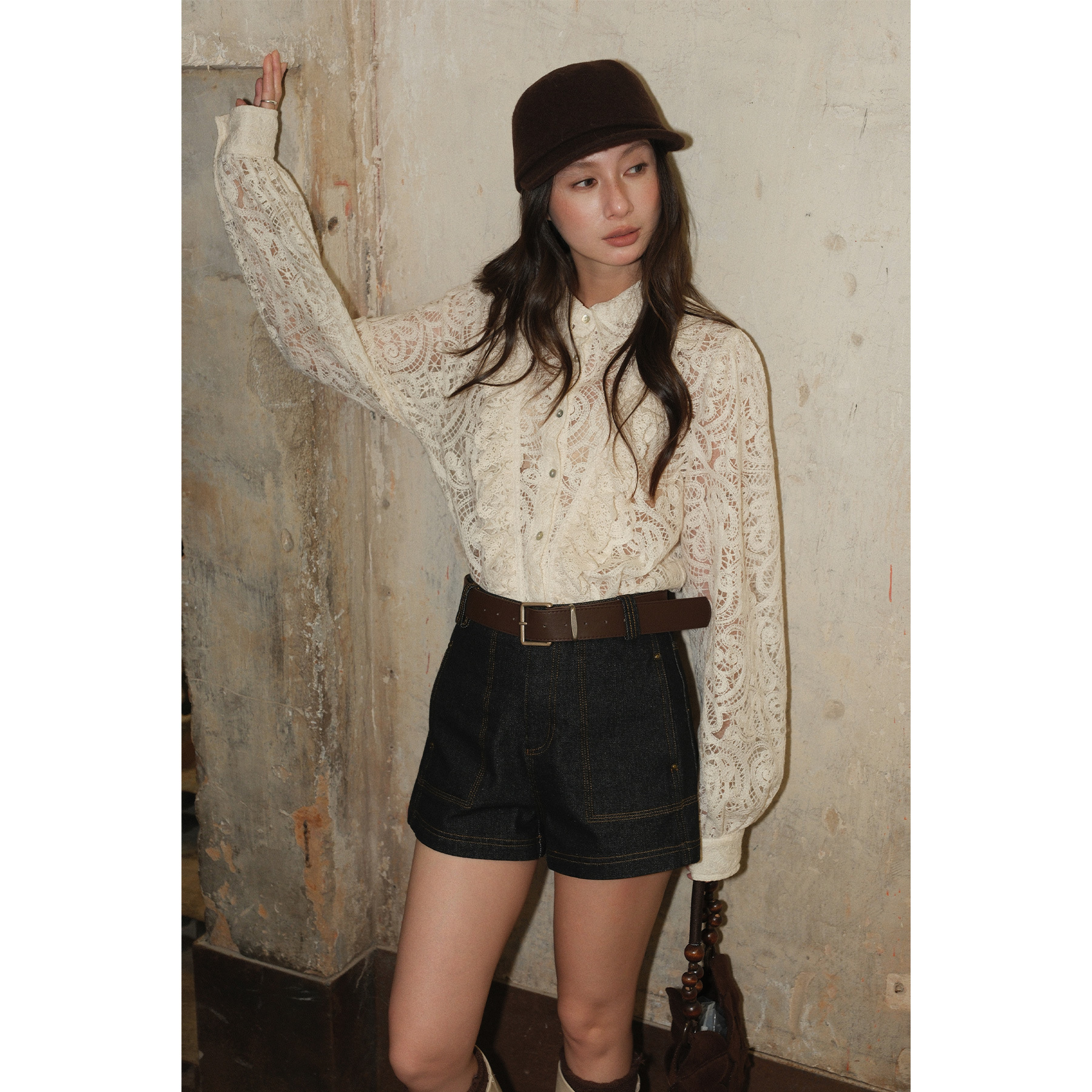 レディースカジュアルファッション 総レース透かし編み長袖シャツブラウス