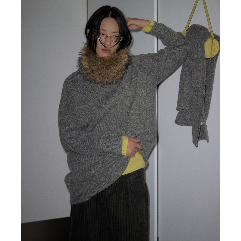 レディースカジュアルファッション ファー付き配色ニットプルオーバー