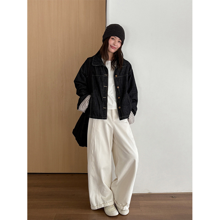 レディースカジュアルファッション 襟配色チェック柄ゆったりデニムジャケット