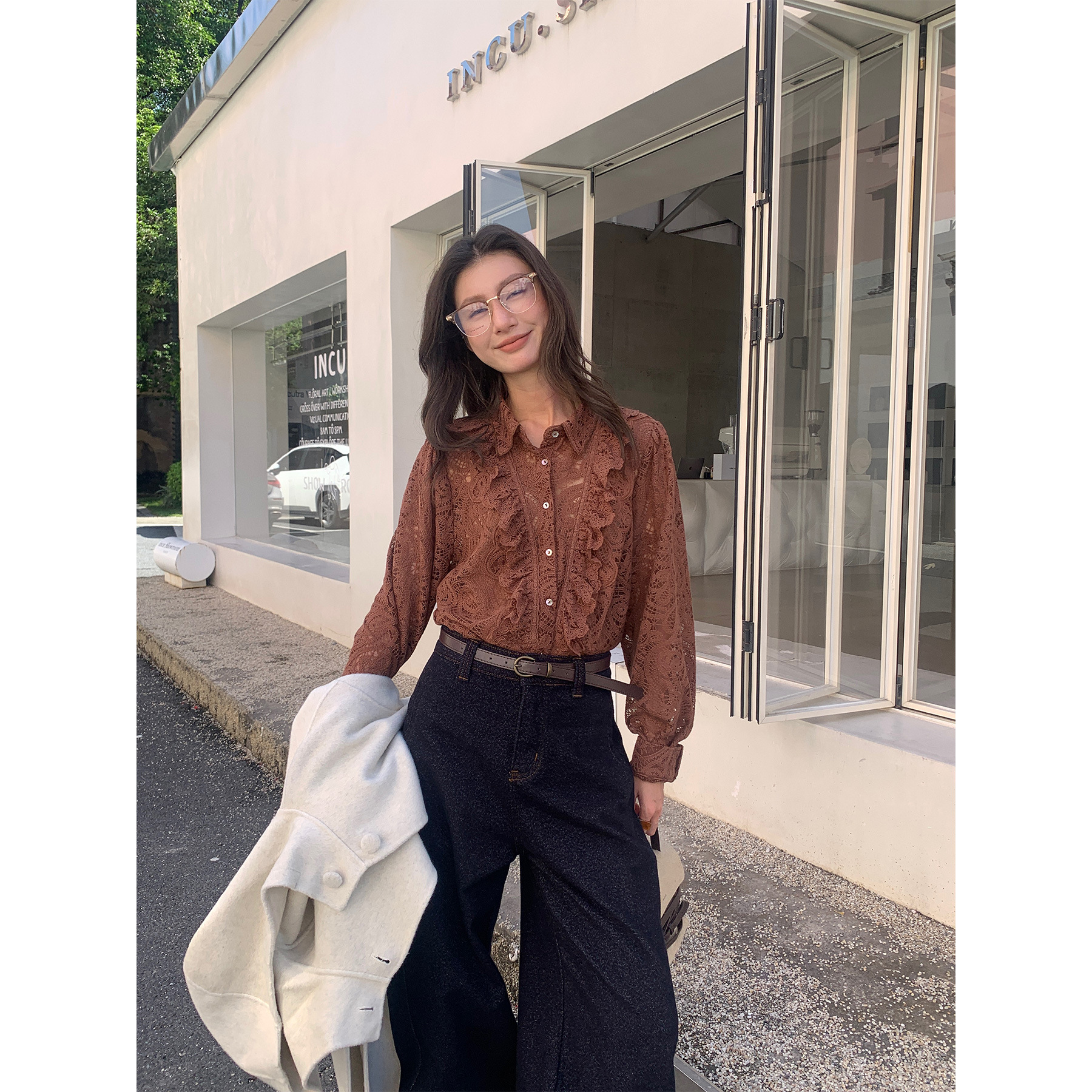 レディースカジュアルファッション 総レース透かし編み長袖シャツブラウス