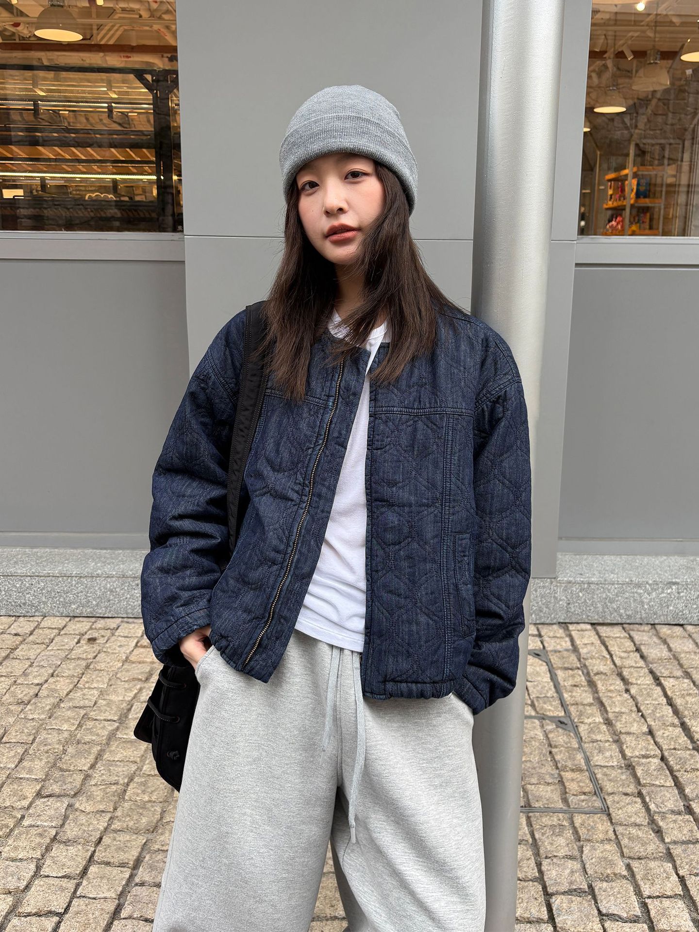 レディースカジュアルファッション キルティングデニムノーカラーブルゾン