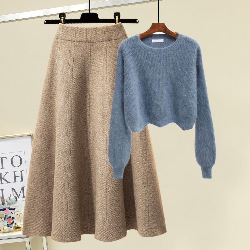 【レディースカジュアルファッション】上品ニット×上質ウール調スカート｜細見え“美シルエット”秋冬2点セットアップ