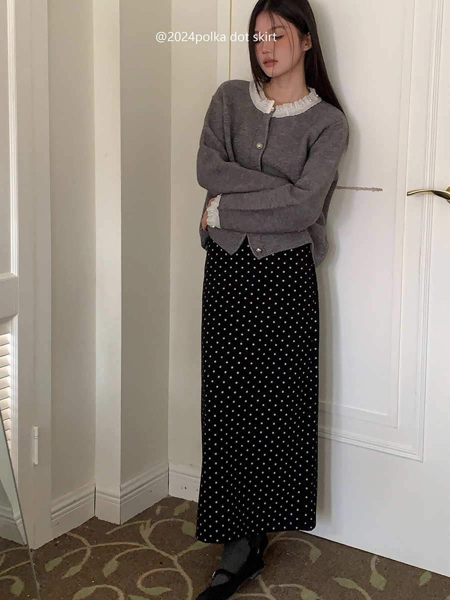 【レディースカジュアルファッション】ドット柄ミディ丈スカート / ハイウエスト ロングスカート
