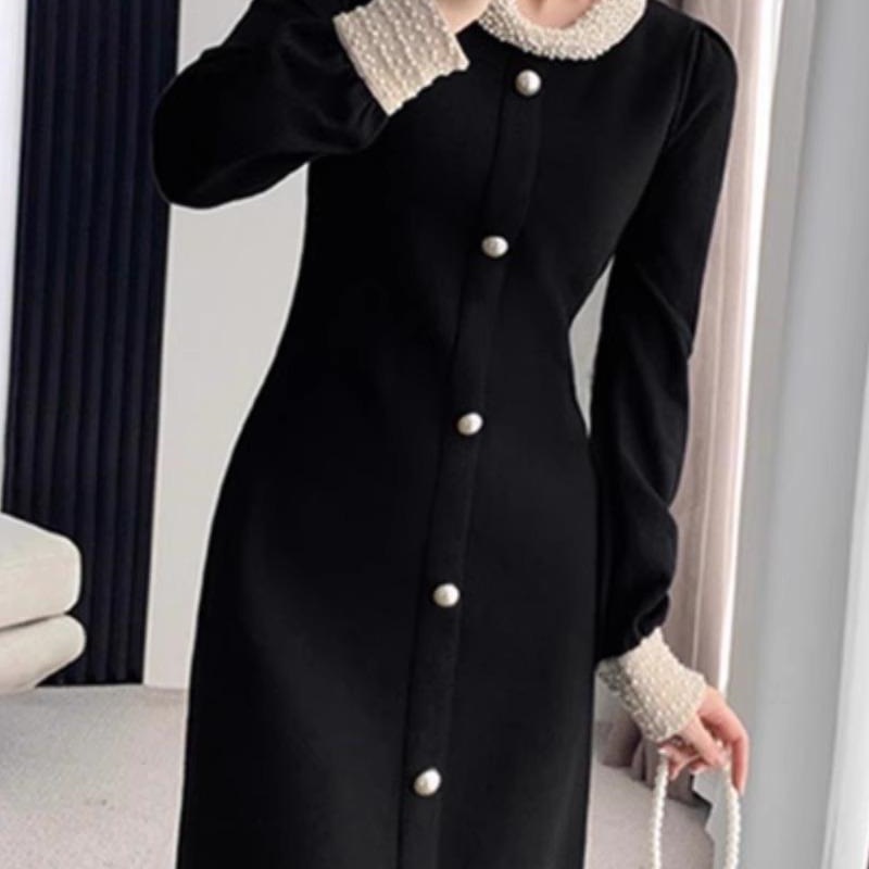 レディースカジュアルファッション パール襟付き前ボタン長袖ワンピース