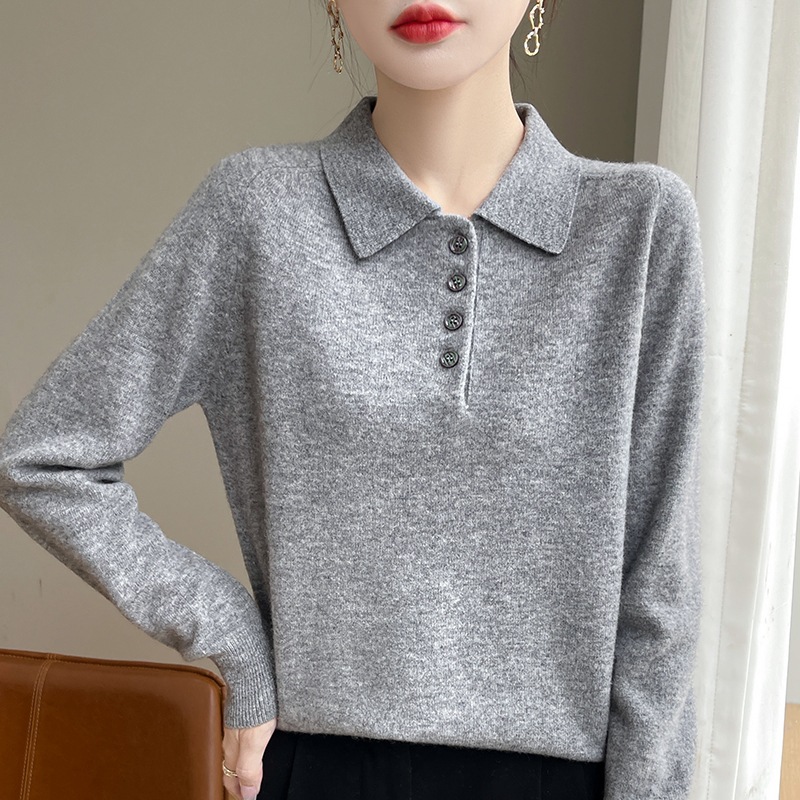 レディースカジュアルファッション 襟付きボタンデザインニットセーター