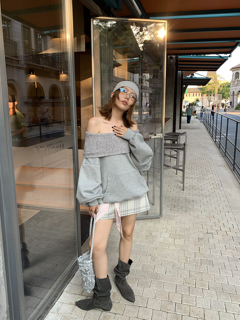 レディースカジュアルファッション リブ切替オフショルダースウェットトップス