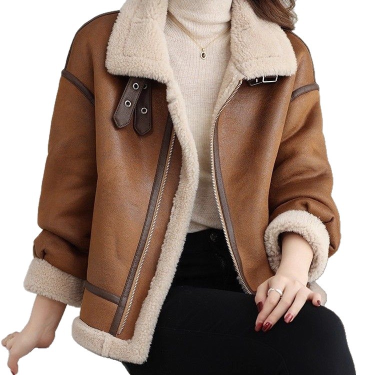 レディースカジュアルファッション ボア襟付きムートン調ライダースジャケット