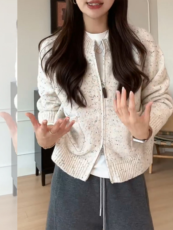 【レディースカジュアルファッション】ダブルジップふわもこカーディガン風ニット｜軽やかで上品な秋冬ゆるめアウタートップス
