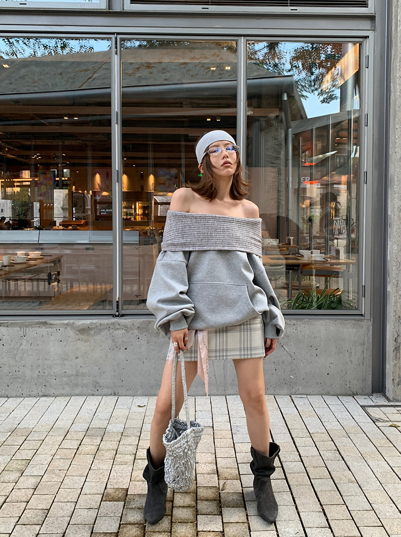 レディースカジュアルファッション リブ切替オフショルダースウェットトップス