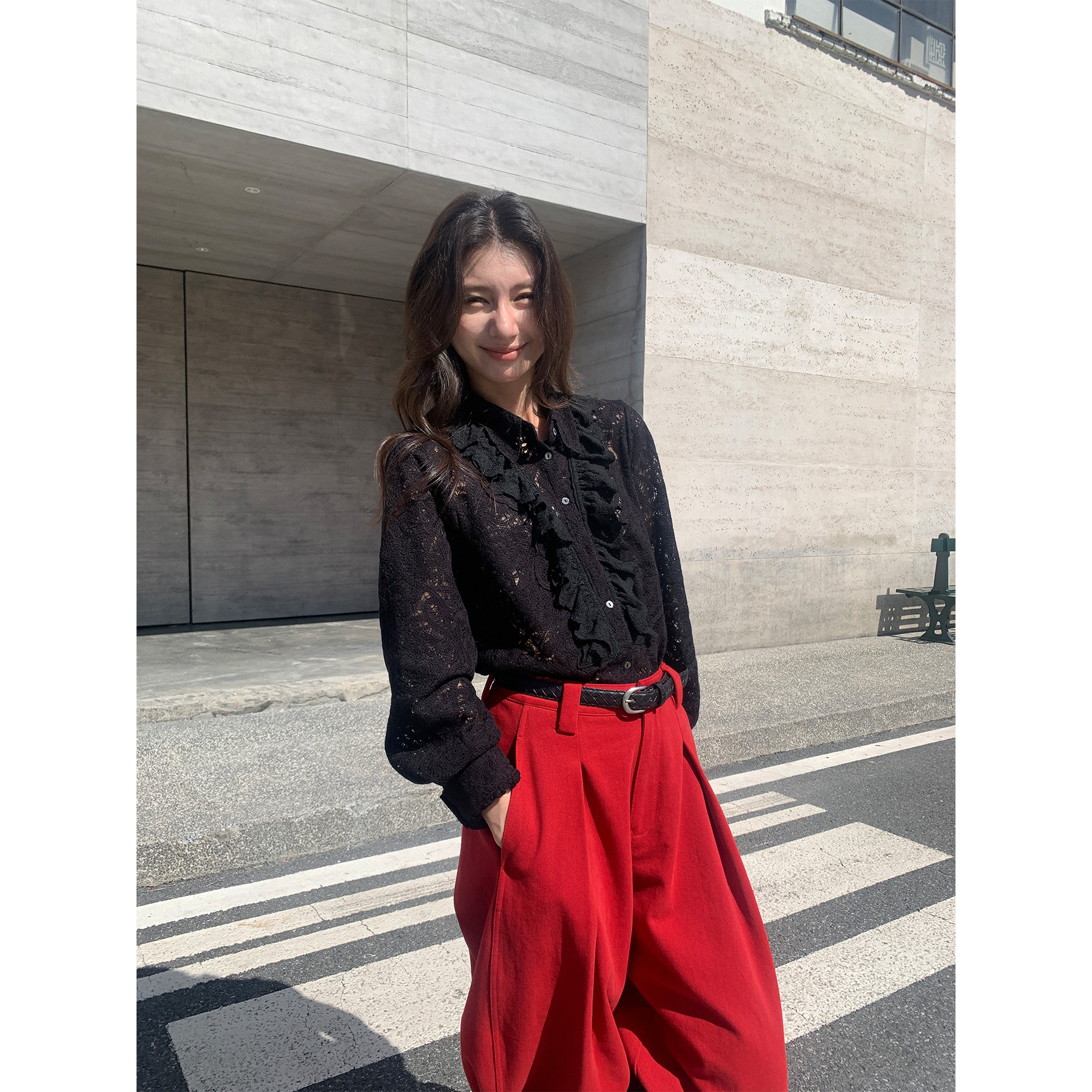 レディースカジュアルファッション 総レース透かし編み長袖シャツブラウス