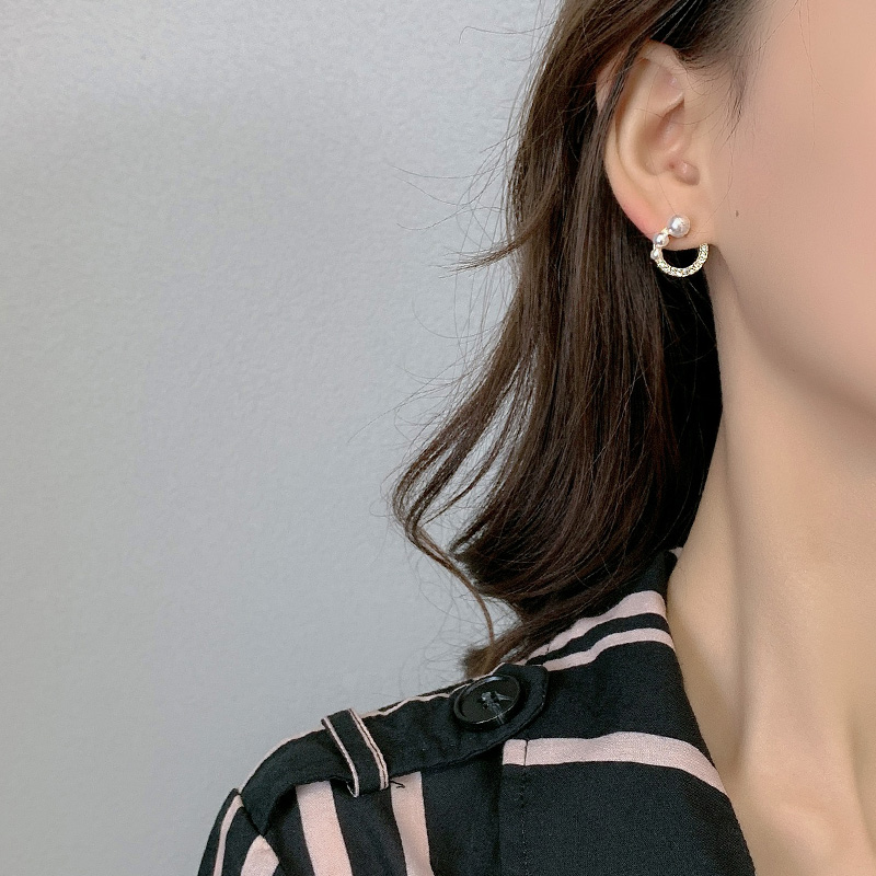 レディースピアス 真珠と輝石の半円モチーフスタッドピアス