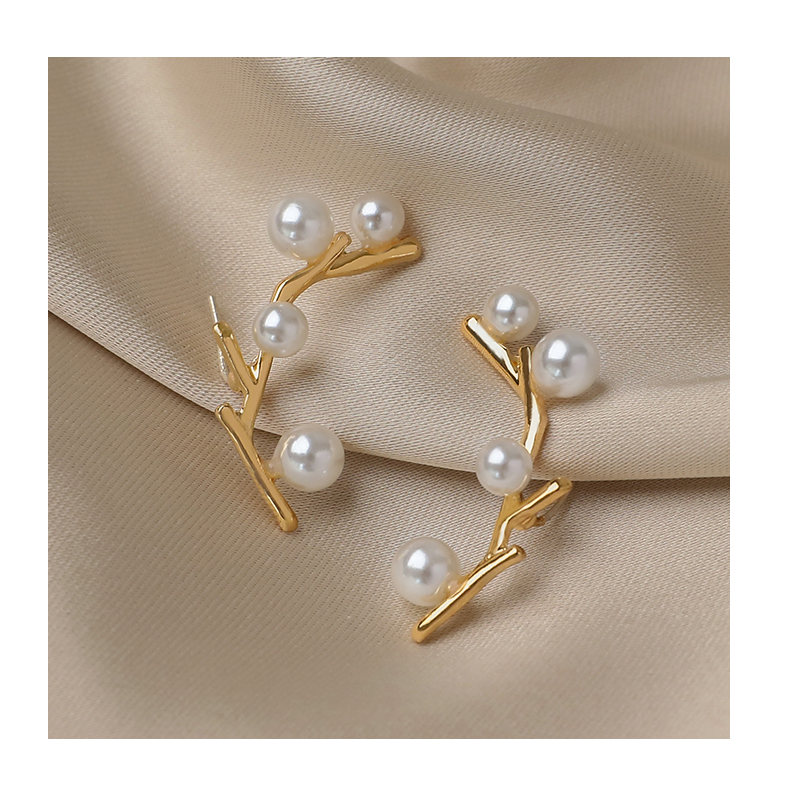 レディースピアス パール付きブランチデザインスタッドピアス