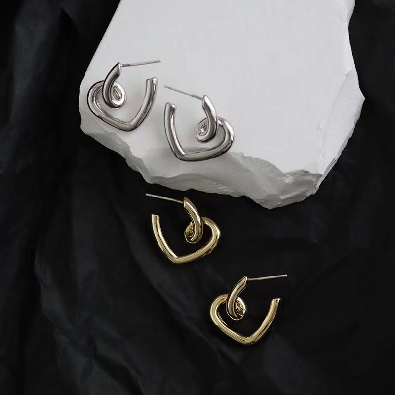 レディースピアス 二重デザインメタルスタッドピアス