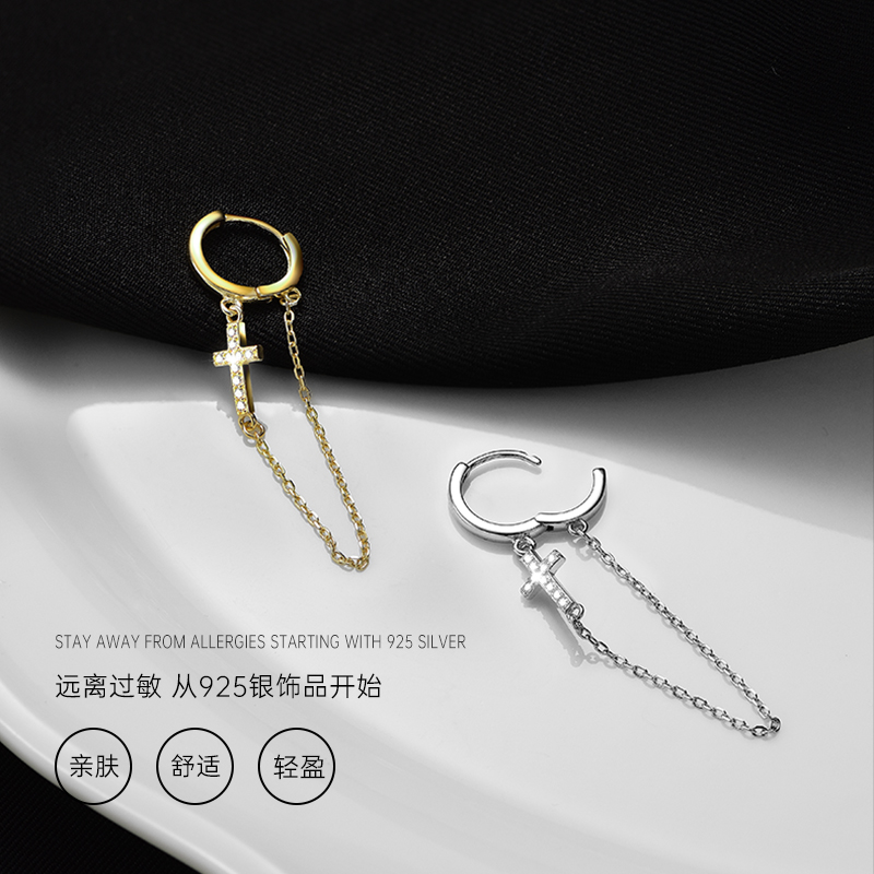 レディースピアス 十字架チャーム付き細身フープピアス