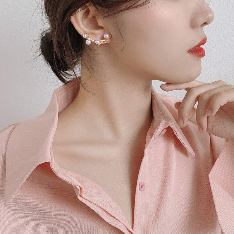 レディースピアス パール付きブランチデザインスタッドピアス