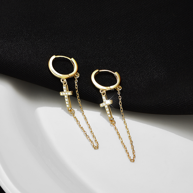 レディースピアス 十字架チャーム付き細身フープピアス