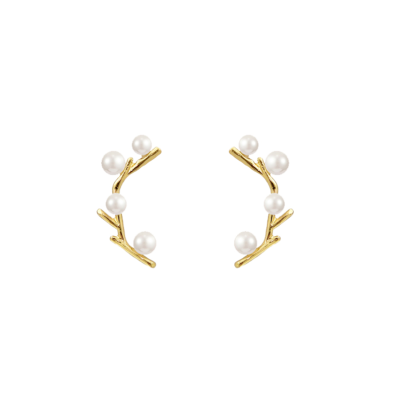 レディースピアス パール付きブランチデザインスタッドピアス