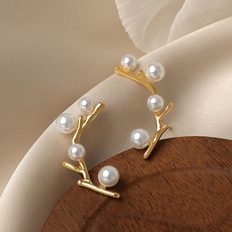 レディースピアス パール付きブランチデザインスタッドピアス