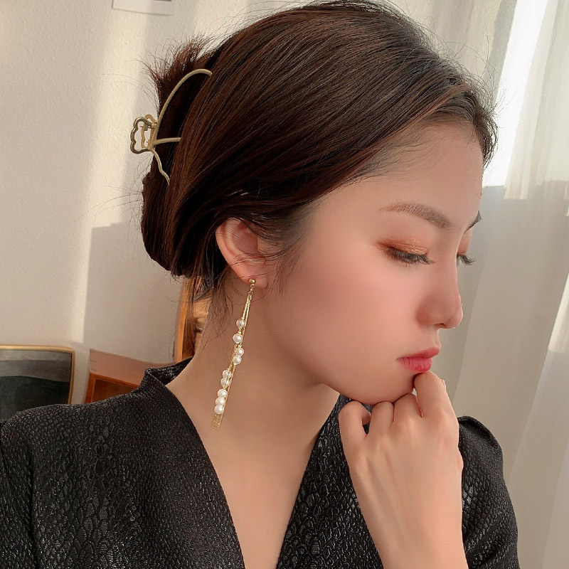 ピアスレディース 華やか真珠と細線チェーンの流れるロングピアス