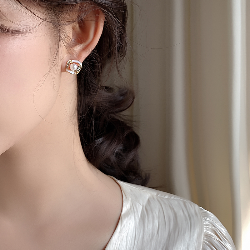 レディースピアス 真珠四角フレーム輝石スタッドピアス