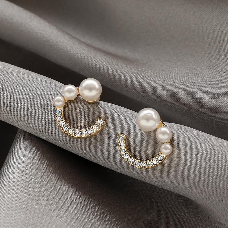 レディースピアス 真珠と輝石の半円モチーフスタッドピアス